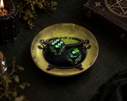 Cauldron mahjong dice dish, a round porcelain dish printed with a bubbling cauldron, holding two green dice