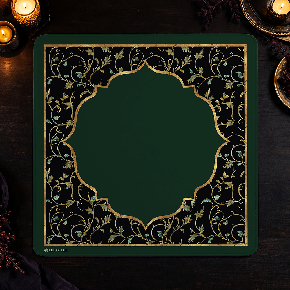 The Witch's Mat, a square green and black neoprene mahjong mat with a gold vine border
